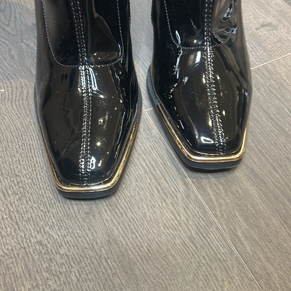 Faux Patent Leather Square Metal Toe Mid Calf Thick High Heels Go Go Boots - Picture 7 of 16